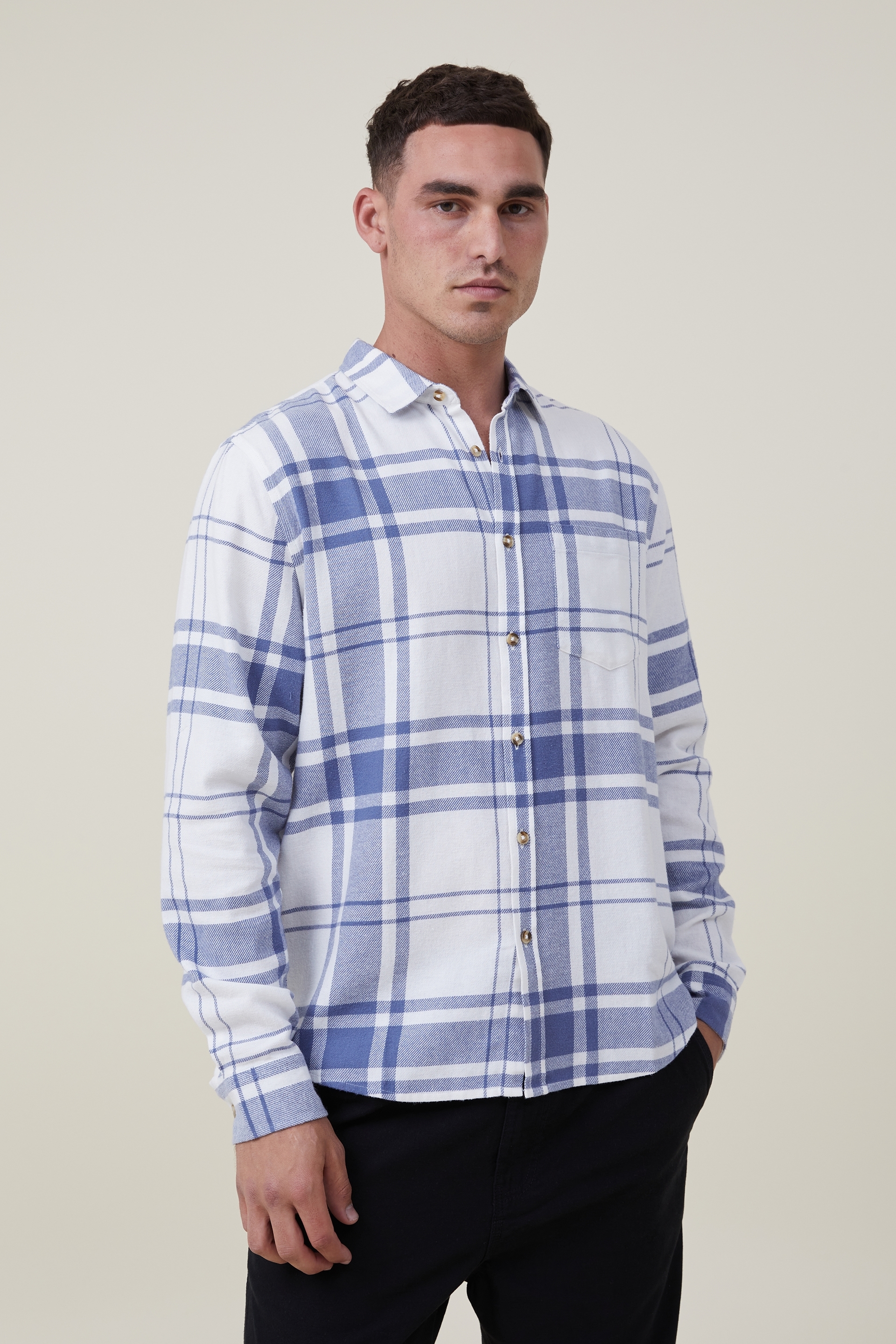 Cotton On Men - Camden Long Sleeve Shirt - Blue bold check