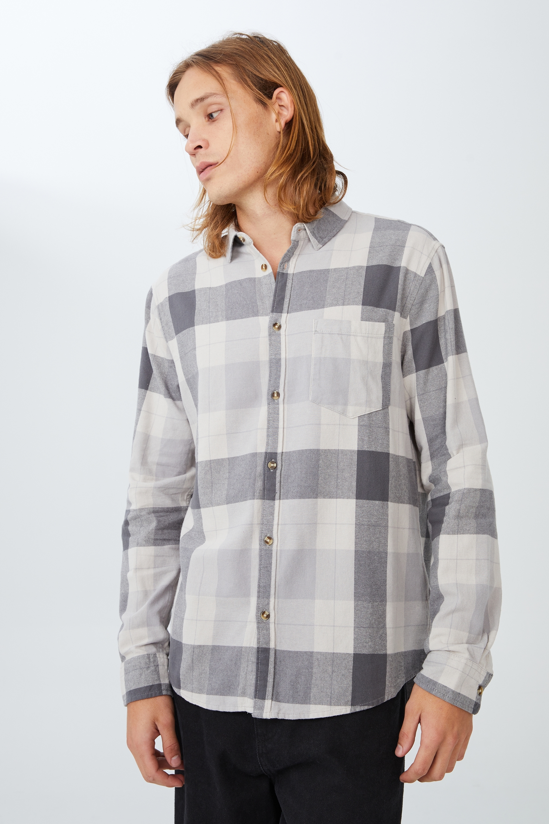 Cotton On Men - Camden Long Sleeve Shirt - Faded charcoal check
