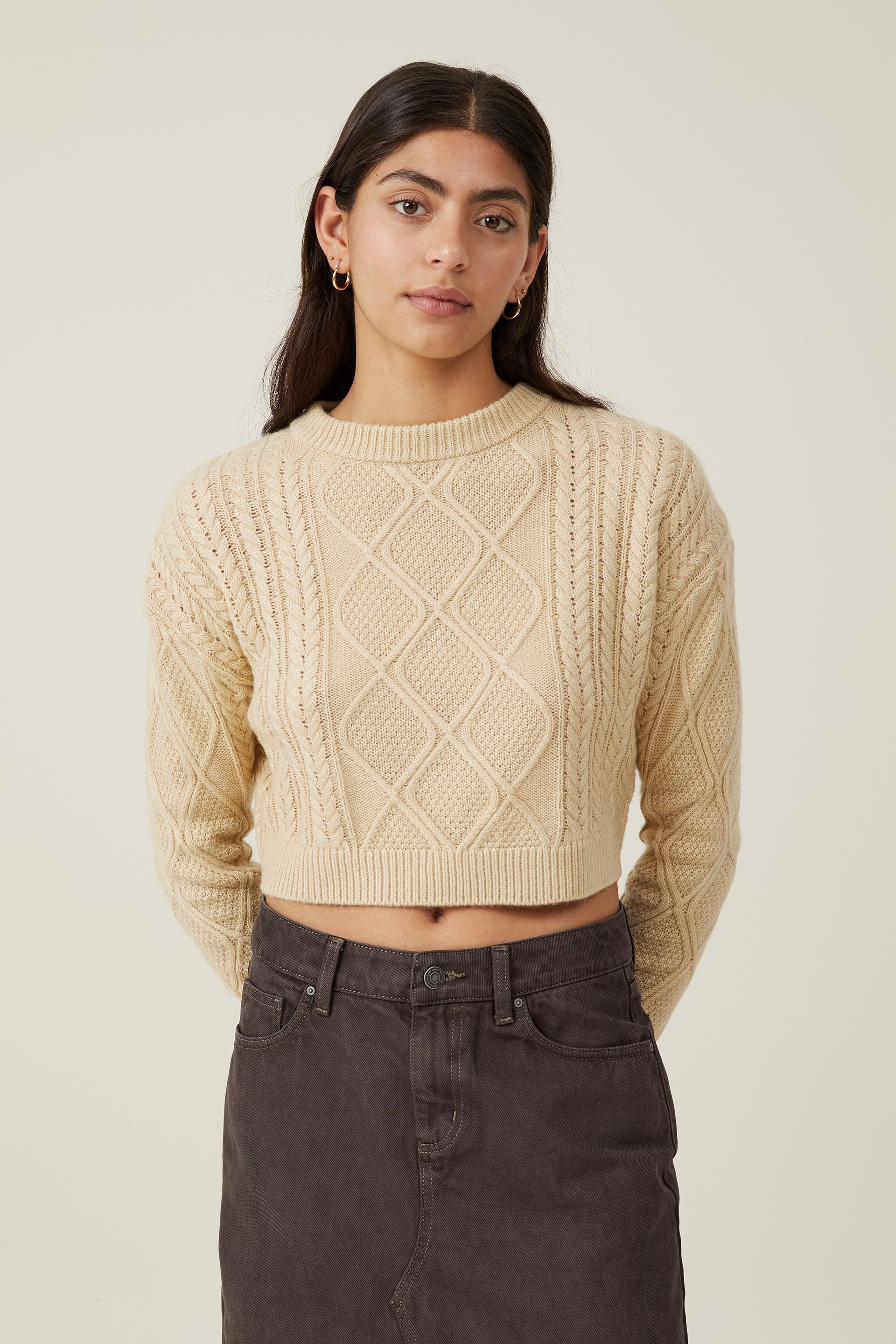 Cotton On Women - Cable Ultra Crop Pullover - Shortbread