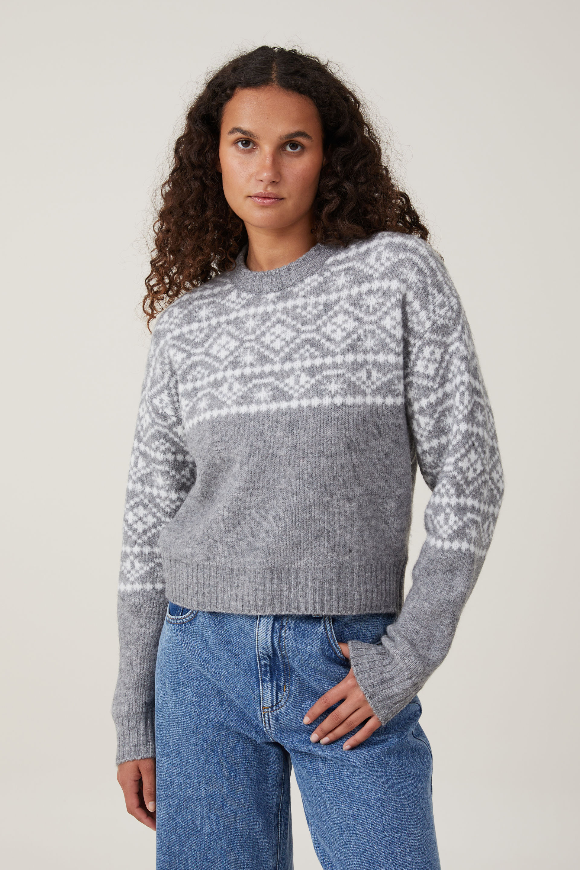 Cotton On Women - Everything Crew Neck Pullover - Grey shadow marle fair isle