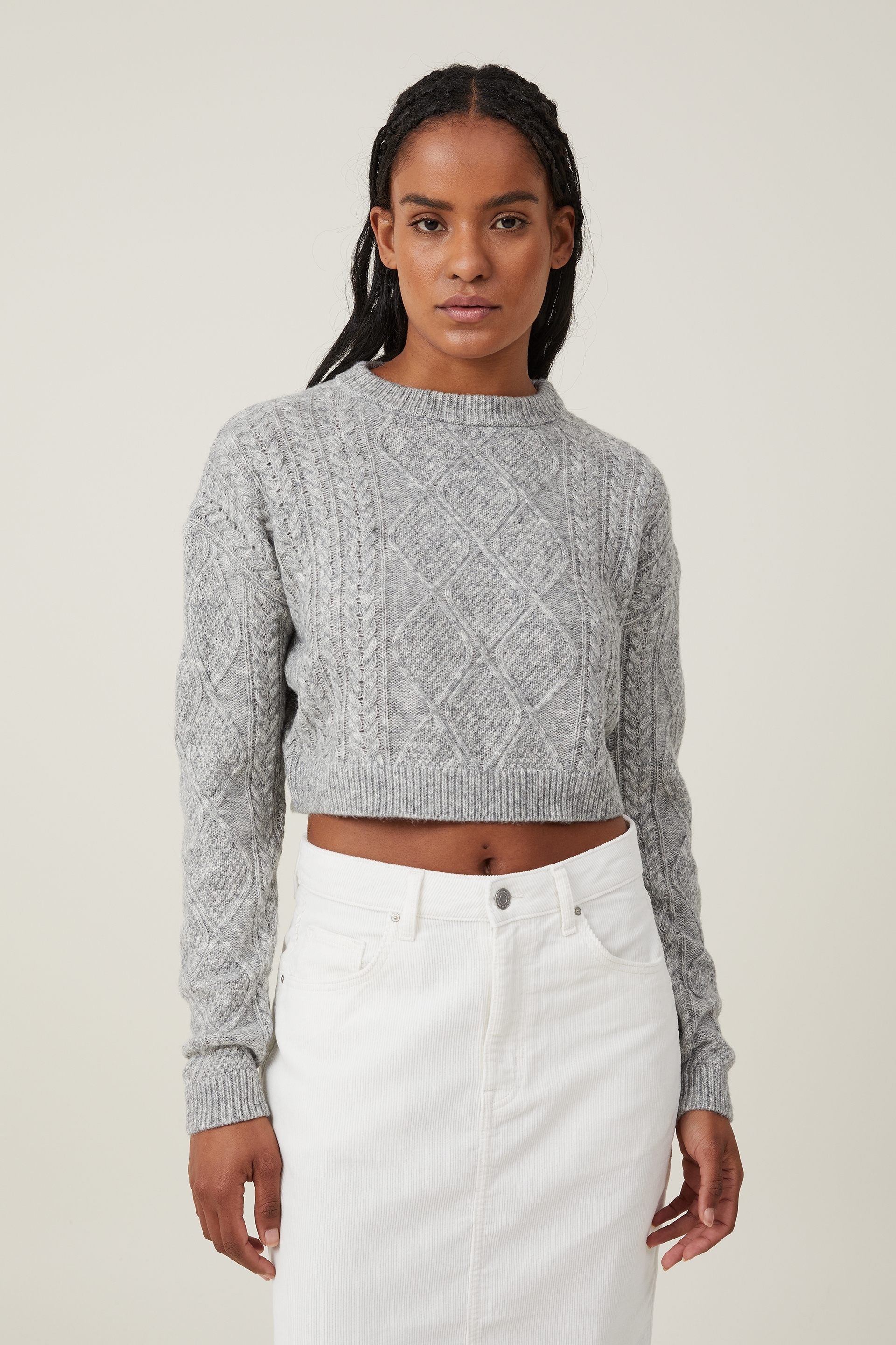 Cotton On Women - Cable Ultra Crop Pullover - Grey shadow marle