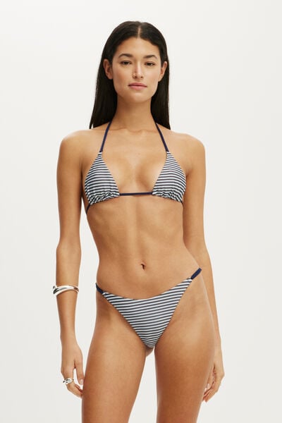 Micro String Triangle Bikini Top & Micro String Thong Bikini Bottom - Navy Rib Stripe, 