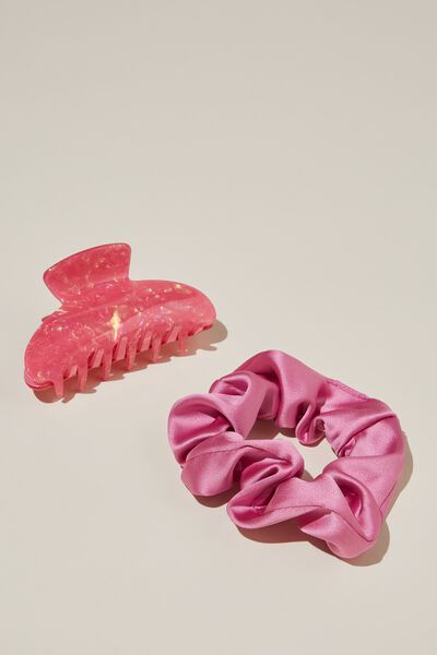 Hair Claw + Scrunchie Set, PINK/ PINK PEARL