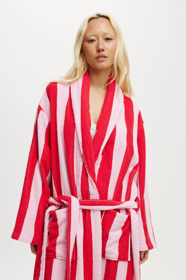 Luxe Terry Robe, PINK/RED CLAUDIA STRIPE