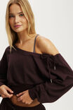 Fleece Off Shoulder Cropped Sweatshirt, ITALIAN PLUM - example image 2