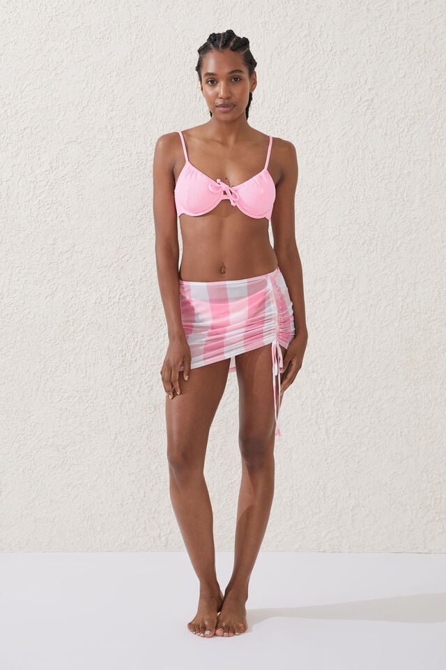 Mesh Gathered Beach Mini Skirt, PINK CHECK