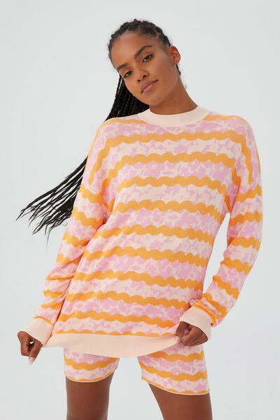 Jacquard Knit Lounge Long Sleeve Sweater, COLLAGED FLOWER