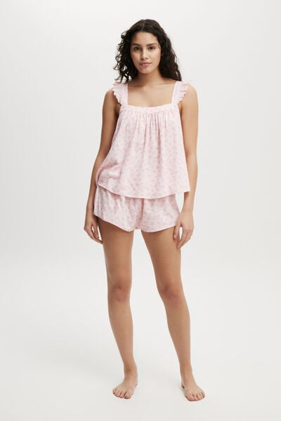 Linen Blend Ruffle Tank And Short Set, ROSIE FLORAL PINK/LACE TRIM