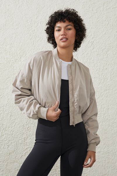 Ruched Cropped Bomber, WHITE PEPPER