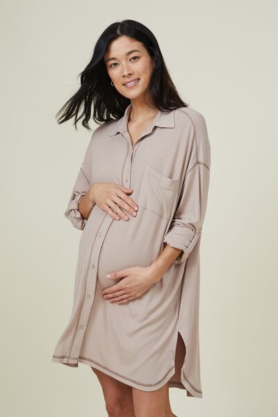 Sleep Recovery Maternity Long Sleeve Night Shirt, HONEY BROWN RIB