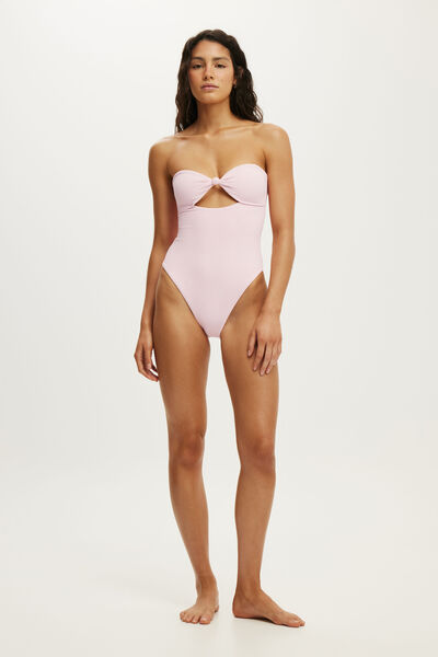 Strapless Knot Front One Piece Brazilian, PINK PETAL WAFFLE