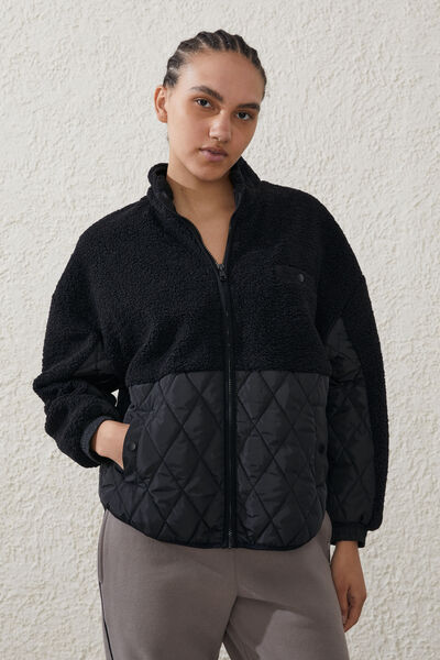 Sherpa Contrast Quilted Jacket, BLACK