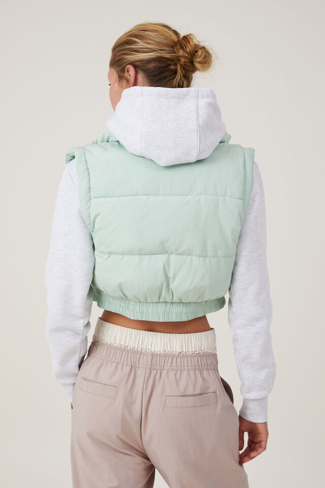 The Mother Puffer Panelled Crop Vest, OASIS GREEN