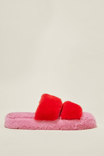 Plush Fur Slipper, PINK/ RED