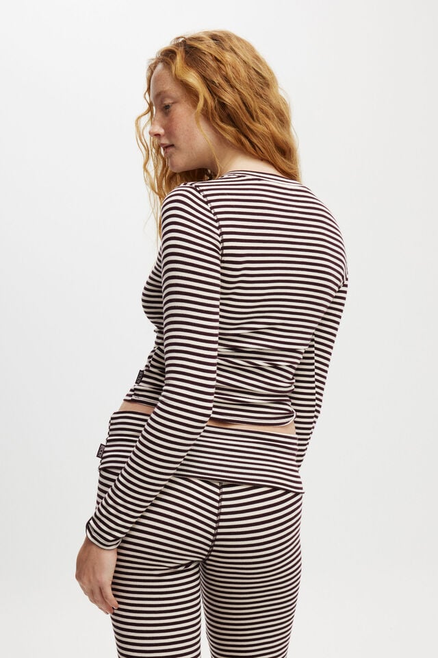 Sleep Recovery Henley Long Sleeve, BURGUNDY/ CREAM STRIPE