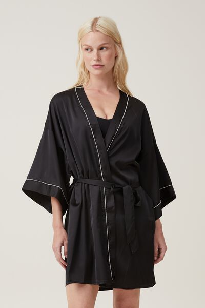 Luxe Staycay Satin Robe, BLACK/DIAMANTE TRIM