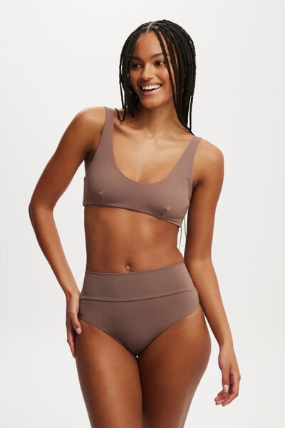 Smoothing Plunge Front Bikini Top, RAW UMBER