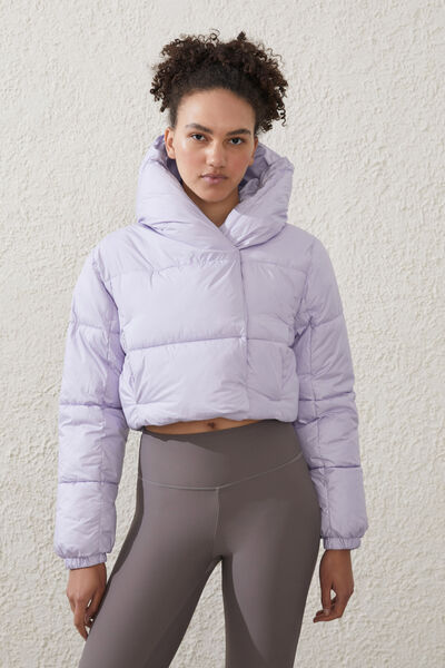 The Mother Puffer Wrap Cropped Jacket, LILAC LIGHT
