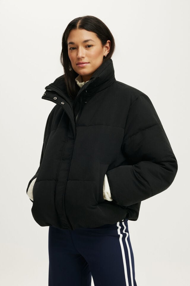The Mother Puffer Soft Touch Removable Hood Jacket, BLACK/FAUX FUR
