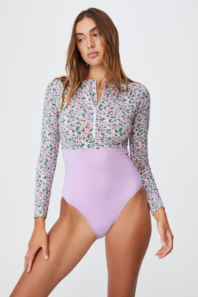 Zip Front Long Sleeve One Piece Full, GARDEN DITSY/VIOLET
