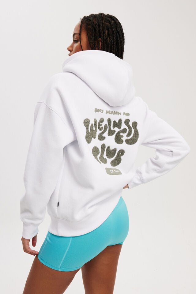 Plush Premium Graphic Hoodie, WHITE/WELLNESS CLUB DUSTY KHAKI