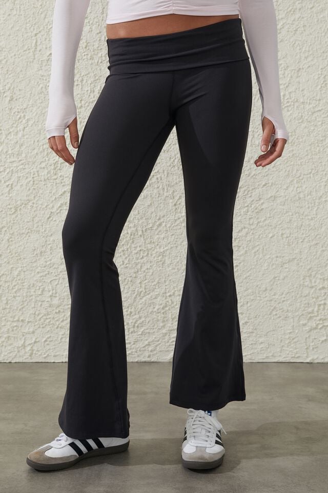 Fold Over Flared Yoga Pants Black - LADYLIKE FASHION