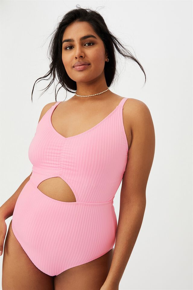 Curve Rouched Front One Piece, STRAWBERRY RIB