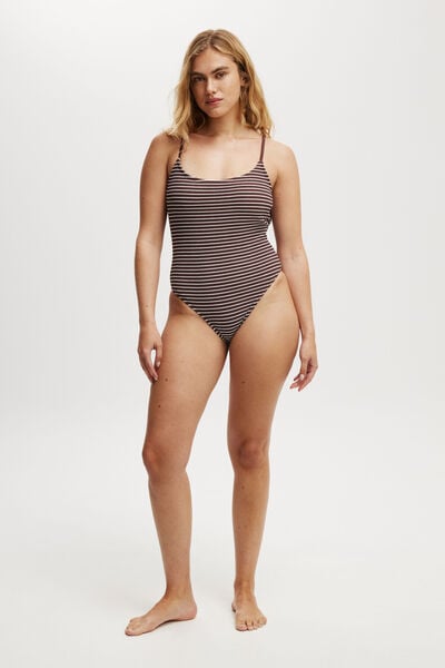 Thin Strap Low Scoop One Piece Cheeky, WILLOW BROWN CRINKLE STRIPE