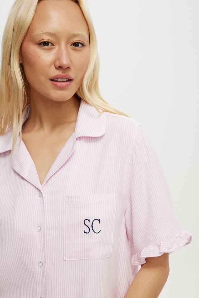 Flannel Short Sleeve Shirt And Short Personalised, PINK PINSTRIPE