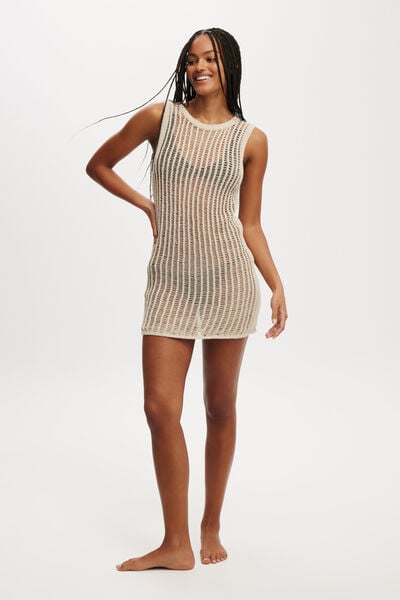 Beach Ladder Knit Mini Dress, NATURAL