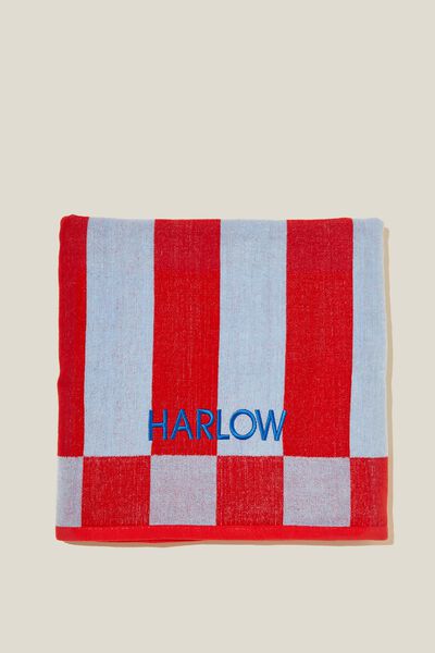 Personalised Cotton Beach Towel, STRIPE CHECKERBOARD BLUE RED