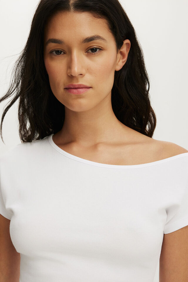 Active Off Shoulder Short Sleeve Tshirt, WHITE