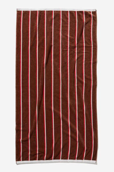 Cotton Beach Towel, POOLSIDE STRIPE BROWN RED