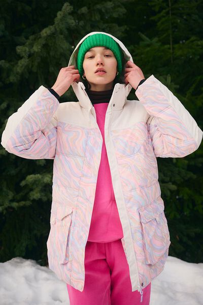 Body Quilted Snow Jacket, PAINTERLY ABSTRACT/COCONUT MILK