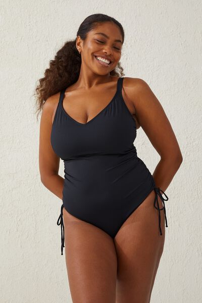 Curve Swim Rouched Side One Piece, BLACK