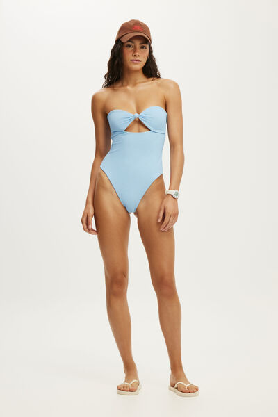 Strapless Knot Front One Piece Brazilian, CLEAR SEA BLUE WAFFLE