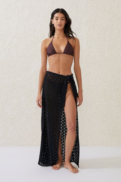 Open Mesh Beach Sarong Wrap Skirt, BLACK/CROCHET