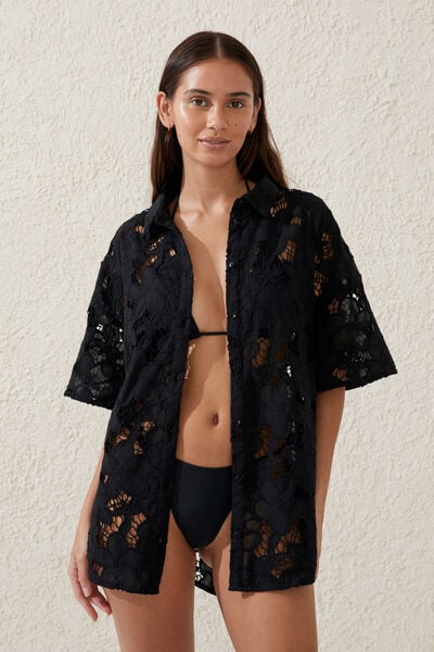 The Floral Vacation Beach Shirt, BLACK FLORAL