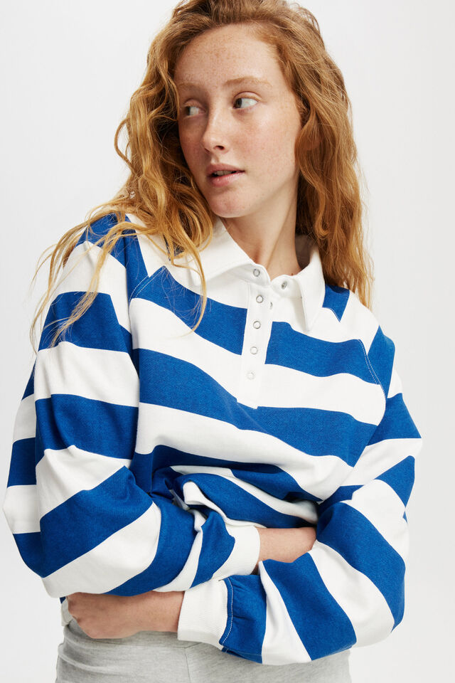 Oversized Collared Lounge Fleece Sweater, BLUE/ WHITE STRIPE