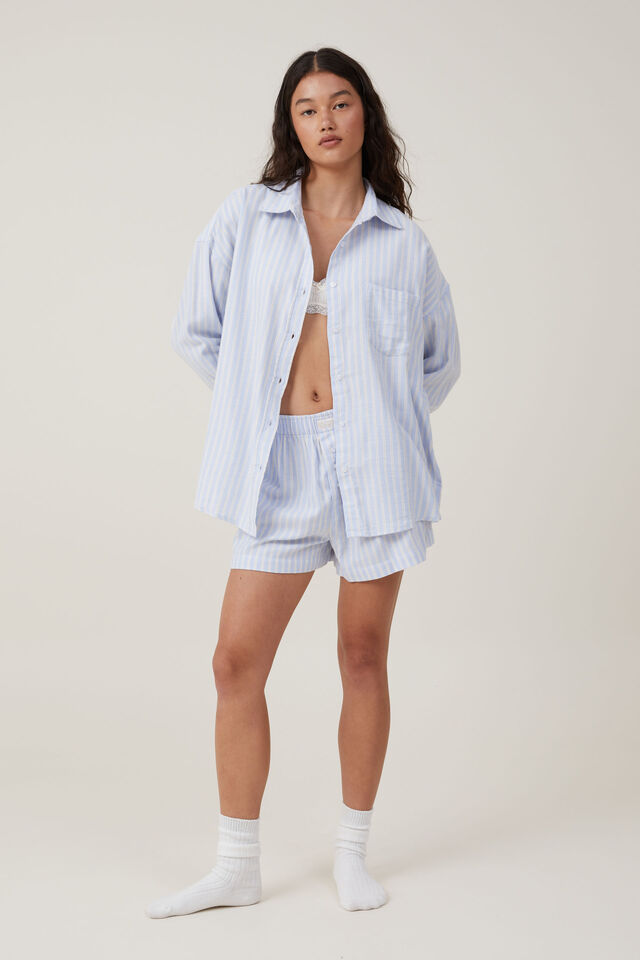 Flannel Boyfriend Long Sleeve Shirt, BLUE/WHITE/PANNA COTTA STRIPE