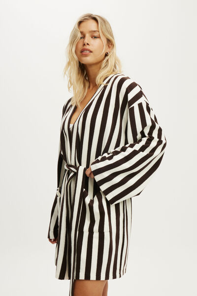 Body Wellness Long Sleeve Robe, MOLLY STRIPE TOFFEE BEAN/COCONUT MILK