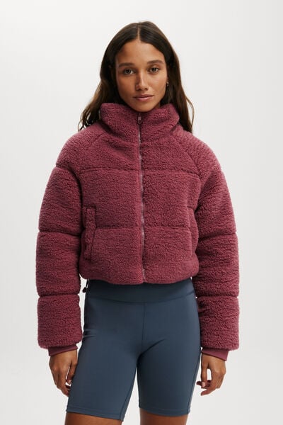 The Mother Puffer Cropped Sherpa Jacket, DRY ROSE