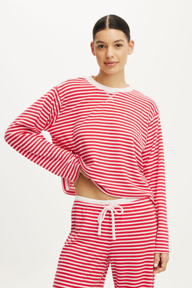 Super Soft Waffle Long Sleeve Top, ELLIE STRIPE CHEEKY CHERRY/PINK KISS