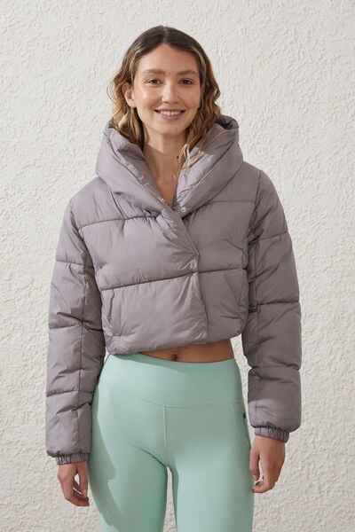 The Mother Puffer Wrap Cropped Jacket, DESERT GREY