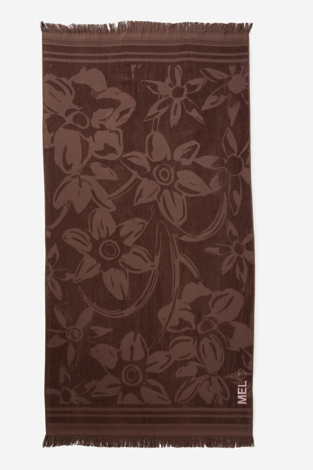 Capri Cotton Beach Towel Personalisation, BOHO TROPICAL FLORAL BROWN EMBER