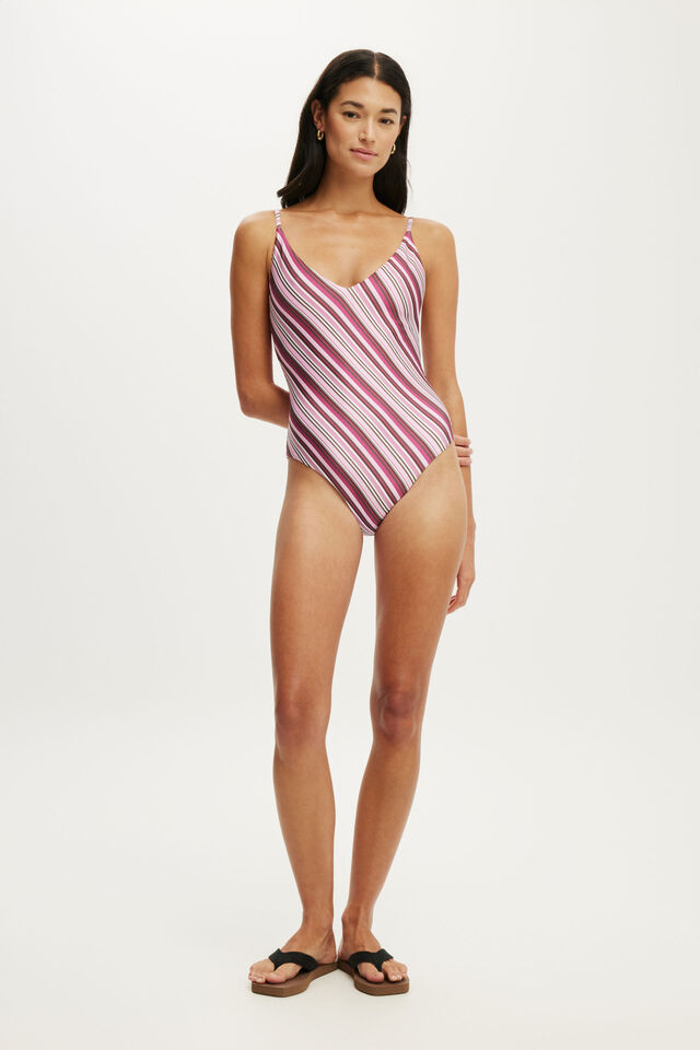 Thin Strap V Neck One Piece Full, BOHO STRIPES PINK SHIMMER
