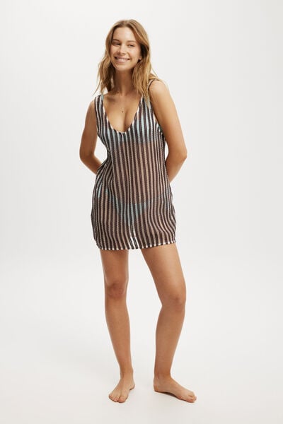 Open Mesh V Front Beach Mini Dress, WILLOW BROWN STRIPE/OPEN MESH