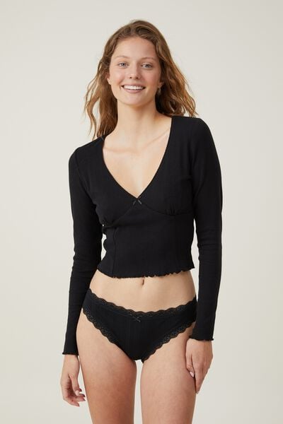 Black Cotton Bikini Underwear with Lace Trim