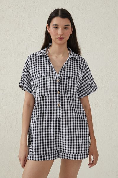 Button Up Beach Playsuit, BLACK GINGHAM