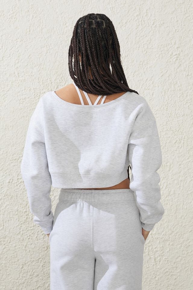 Plush Off Shoulder Fleece Crew Jumper, CLOUDY GREY MARLE